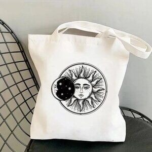 Celestial Sun & Moon Artisan Printed Canvas Casual Everyday Carryall Fabric Tote